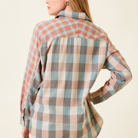 MYSTREE Mixed Plaid Button Down Shirt Neutral Blue & Rust Long Sleeve Casual Top - Picture 5 of 8